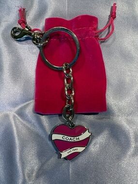 Coach Hot Pink Banner Heart Keychain Charm with Silver Hardware